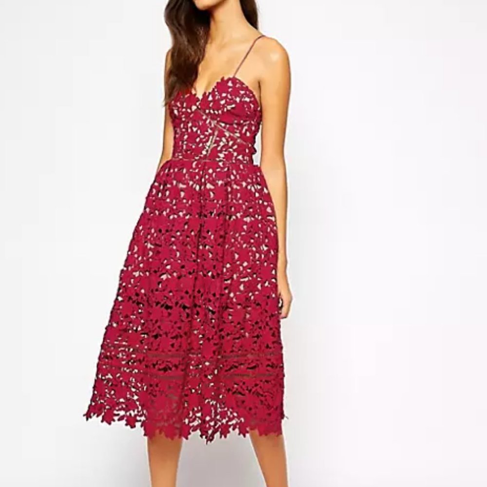 Self Portrait Azaelea Midi Dress In Textured Lace - Cranberry Size 8